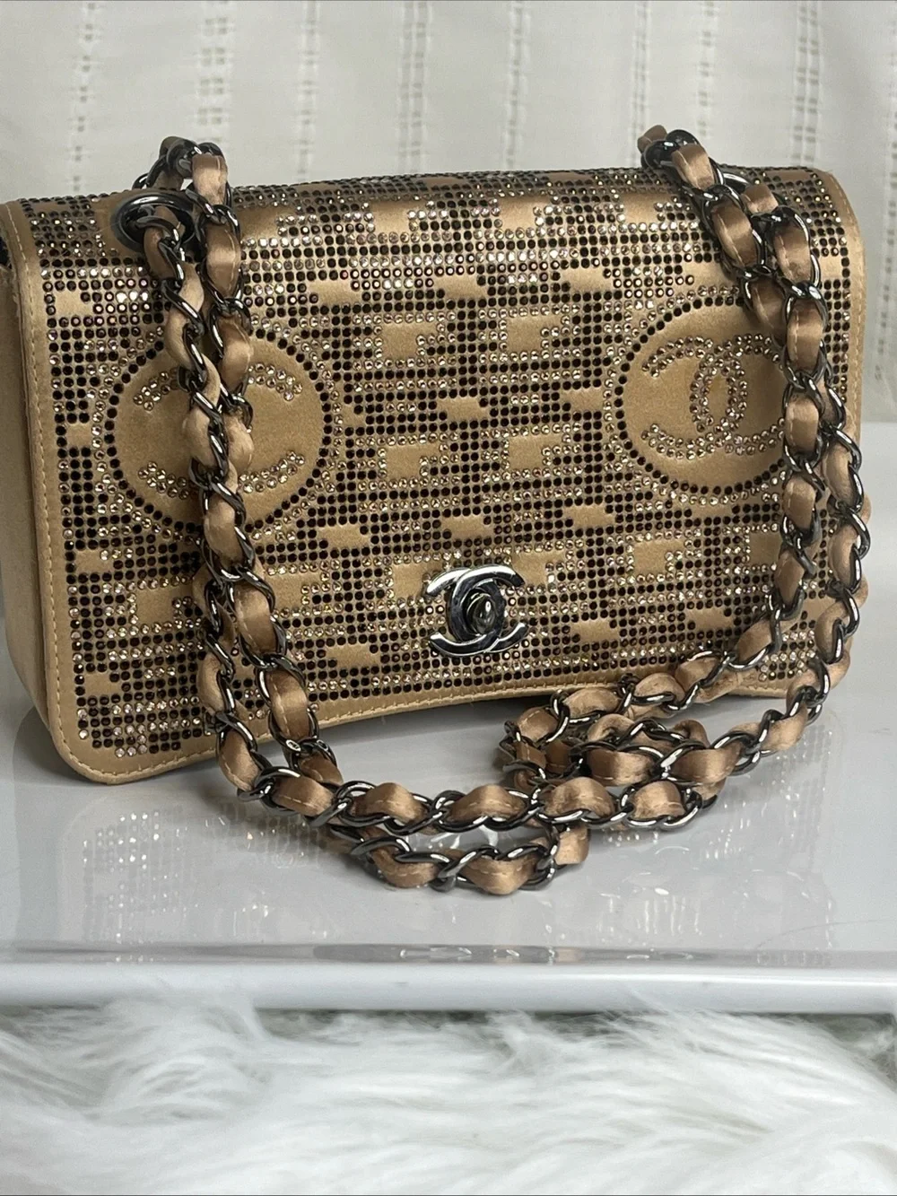 CHANEL Metallic Gold Crystal-Studded Chain Crossbody Bag